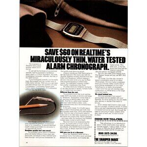 1980 Realtime Digital Alarm Chronograph Watch Vintage Print Ad 80s Wall Art